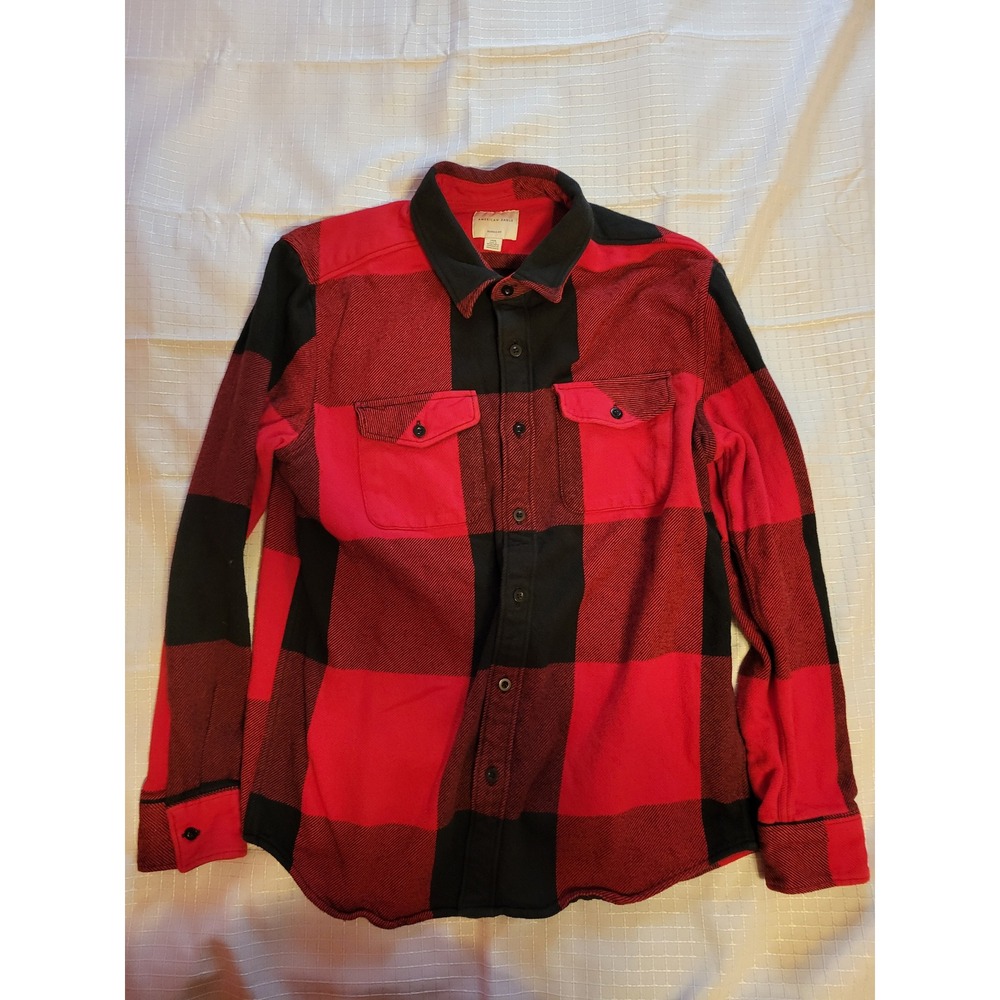 American Eagle Mens Red Black Buffalo Plaid Flannel Shirt Classic Fit‎ Large L
